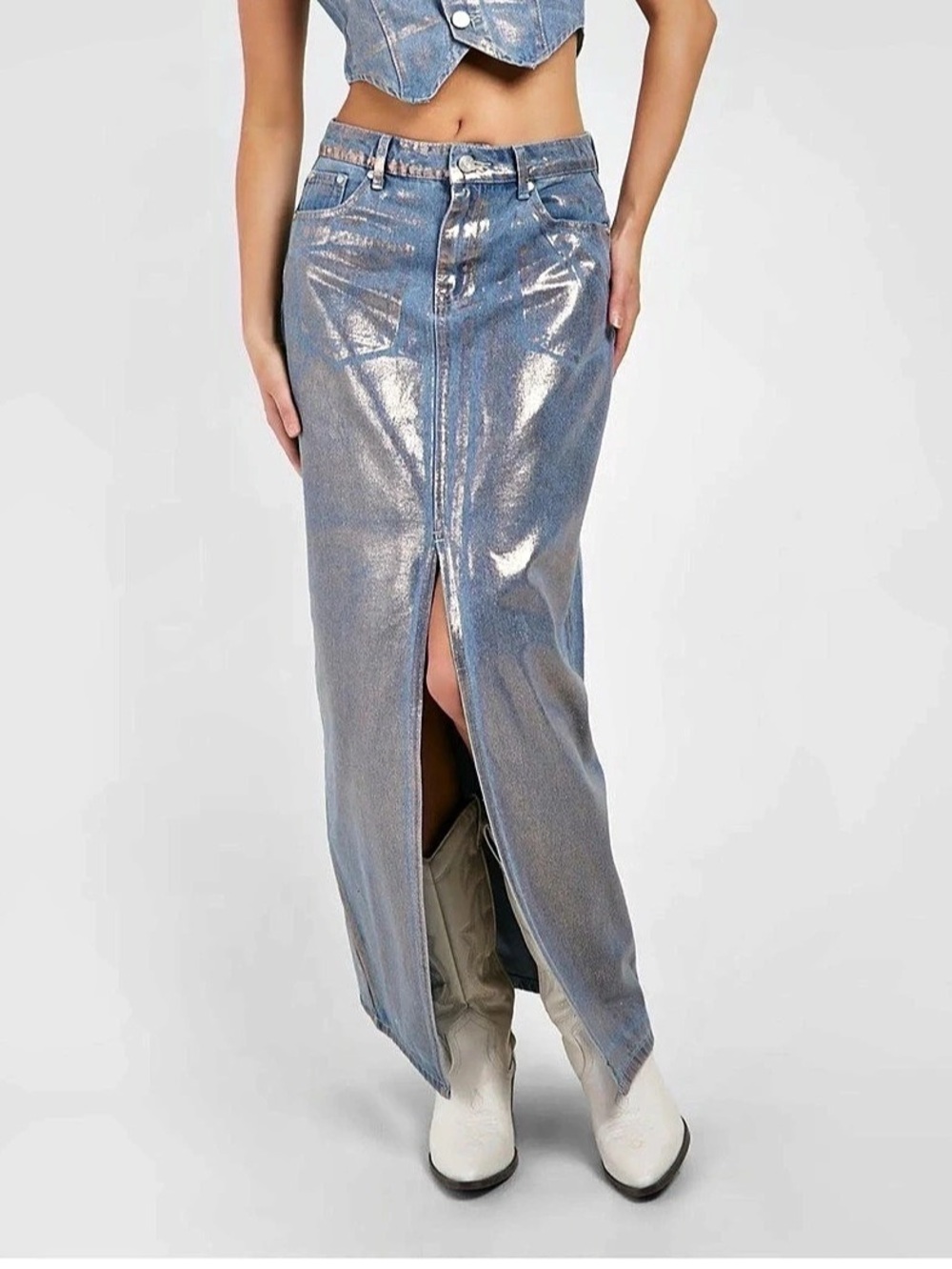 boohoo Metallic Denim Maxi Skirt Size Medium NWT